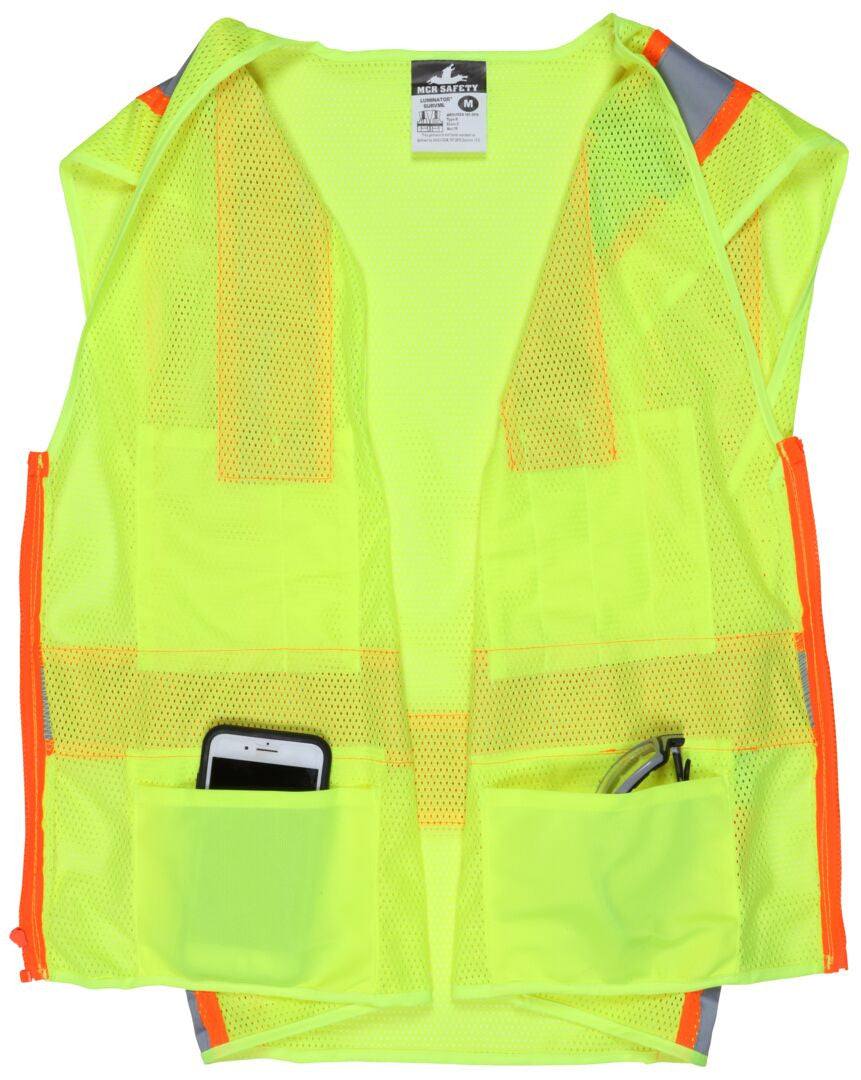 MCR Safety SURVML - Hi-Vis Reflective Lime Safety Vest - Meets ANSI/ISEA 107 2020 Standard - Type R Class 2 Compliant - Mesh Fabric with 3-Inch Orange Silver Stripes - Zipper Front Closure - Surveyor Safety Vest with 6 Pockets — manufacturer image 4