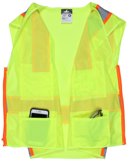 MCR Safety SURVML - Hi-Vis Reflective Lime Safety Vest - Meets ANSI/ISEA 107 2020 Standard - Type R Class 2 Compliant - Mesh Fabric with 3-Inch Orange Silver Stripes - Zipper Front Closure - Surveyor Safety Vest with 6 Pockets — manufacturer image 4