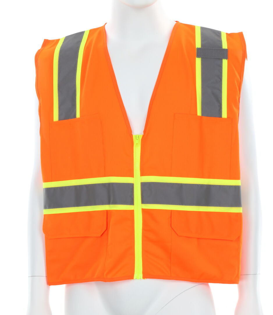SURVO - Hi-Vis Reflective Orange Safety Vest - Meets ANSI/ISEA 107 2020 Standard - Type R Class 2 Compliant - Solid Fabric with 3-Inch Lime Silver Stripes - Zipper Front Closure - Surveyor Safety Vest with 6 Pockets