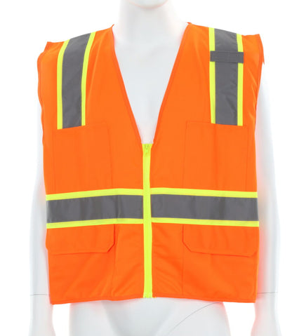 SURVO - Hi-Vis Reflective Orange Safety Vest - Meets ANSI/ISEA 107 2020 Standard - Type R Class 2 Compliant - Solid Fabric with 3-Inch Lime Silver Stripes - Zipper Front Closure - Surveyor Safety Vest with 6 Pockets