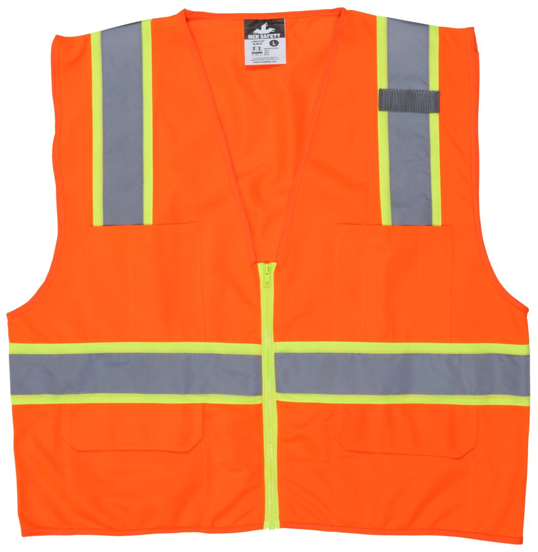 SURVO - Hi-Vis Reflective Orange Safety Vest - Meets ANSI/ISEA 107 2020 Standard - Type R Class 2 Compliant - Solid Fabric with 3-Inch Lime Silver Stripes - Zipper Front Closure - Surveyor Safety Vest with 6 Pockets