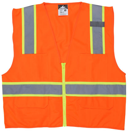 SURVO - Hi-Vis Reflective Orange Safety Vest - Meets ANSI/ISEA 107 2020 Standard - Type R Class 2 Compliant - Solid Fabric with 3-Inch Lime Silver Stripes - Zipper Front Closure - Surveyor Safety Vest with 6 Pockets