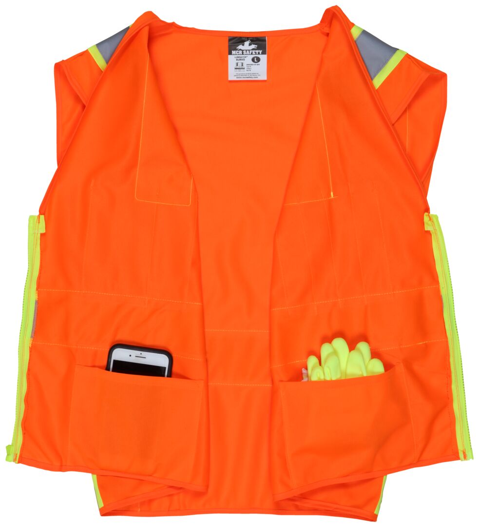 SURVO - Hi-Vis Reflective Orange Safety Vest - Meets ANSI/ISEA 107 2020 Standard - Type R Class 2 Compliant - Solid Fabric with 3-Inch Lime Silver Stripes - Zipper Front Closure - Surveyor Safety Vest with 6 Pockets