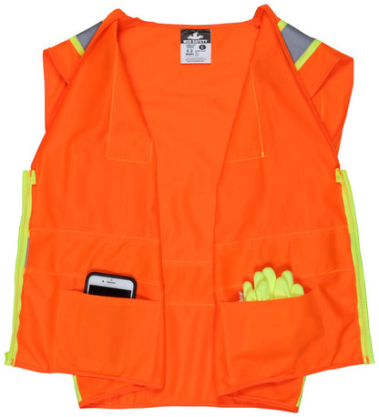 SURVO - Hi-Vis Reflective Orange Safety Vest - Meets ANSI/ISEA 107 2020 Standard - Type R Class 2 Compliant - Solid Fabric with 3-Inch Lime Silver Stripes - Zipper Front Closure - Surveyor Safety Vest with 6 Pockets