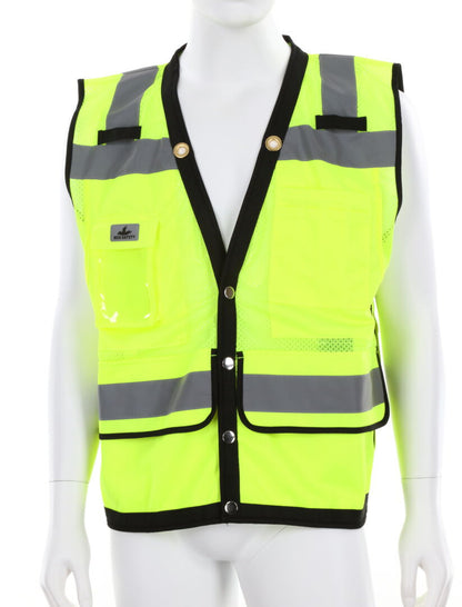 MCR Safety VSURVMLB - Hi-Vis Reflective Lime Safety Vest - Surveyor Vest with 9 Pockets - Sturdy Metal Snap Front Closure - Meets ANSI/ISEA 107 2020 Standard - Type R Class 2 Compliant - Premium Surveyor Vest with Extra-Large Plan Pocket on the Back — manufacturer image 2