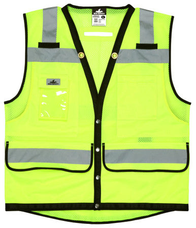 MCR Safety VSURVMLB - Hi-Vis Reflective Lime Safety Vest - Surveyor Vest with 9 Pockets - Sturdy Metal Snap Front Closure - Meets ANSI/ISEA 107 2020 Standard - Type R Class 2 Compliant - Premium Surveyor Vest with Extra-Large Plan Pocket on the Back