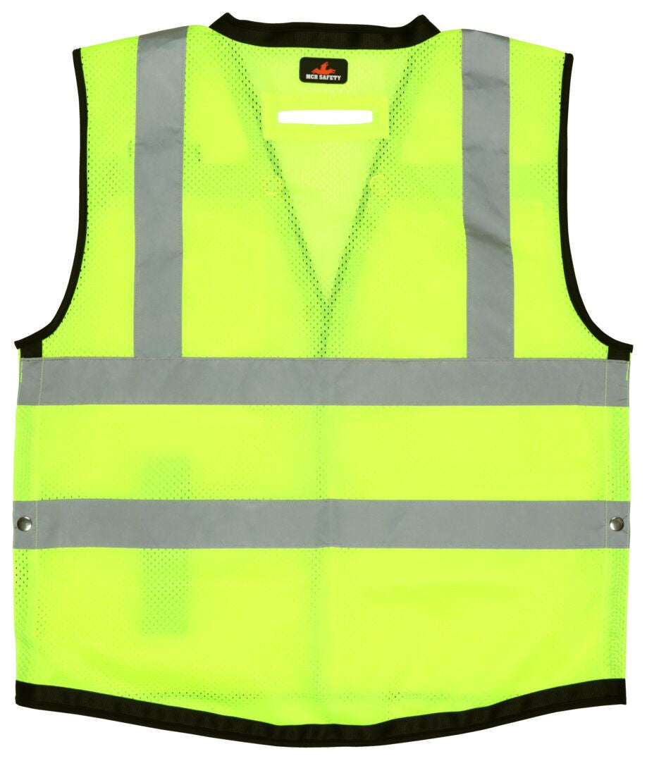MCR Safety VSURVMLB - Hi-Vis Reflective Lime Safety Vest - Surveyor Vest with 9 Pockets - Sturdy Metal Snap Front Closure - Meets ANSI/ISEA 107 2020 Standard - Type R Class 2 Compliant - Premium Surveyor Vest with Extra-Large Plan Pocket on the Back — manufacturer image 4