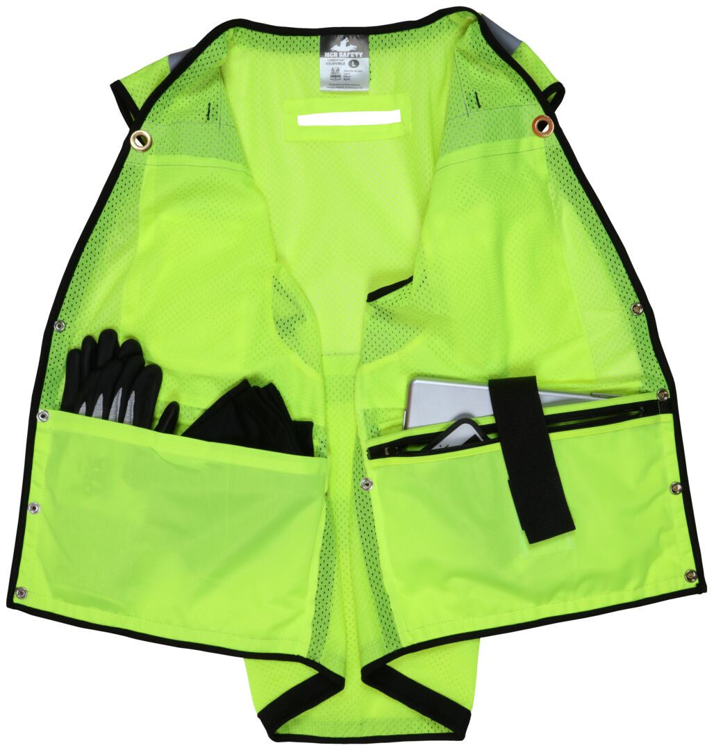 MCR Safety VSURVMLB - Hi-Vis Reflective Lime Safety Vest - Surveyor Vest with 9 Pockets - Sturdy Metal Snap Front Closure - Meets ANSI/ISEA 107 2020 Standard - Type R Class 2 Compliant - Premium Surveyor Vest with Extra-Large Plan Pocket on the Back — manufacturer image 5
