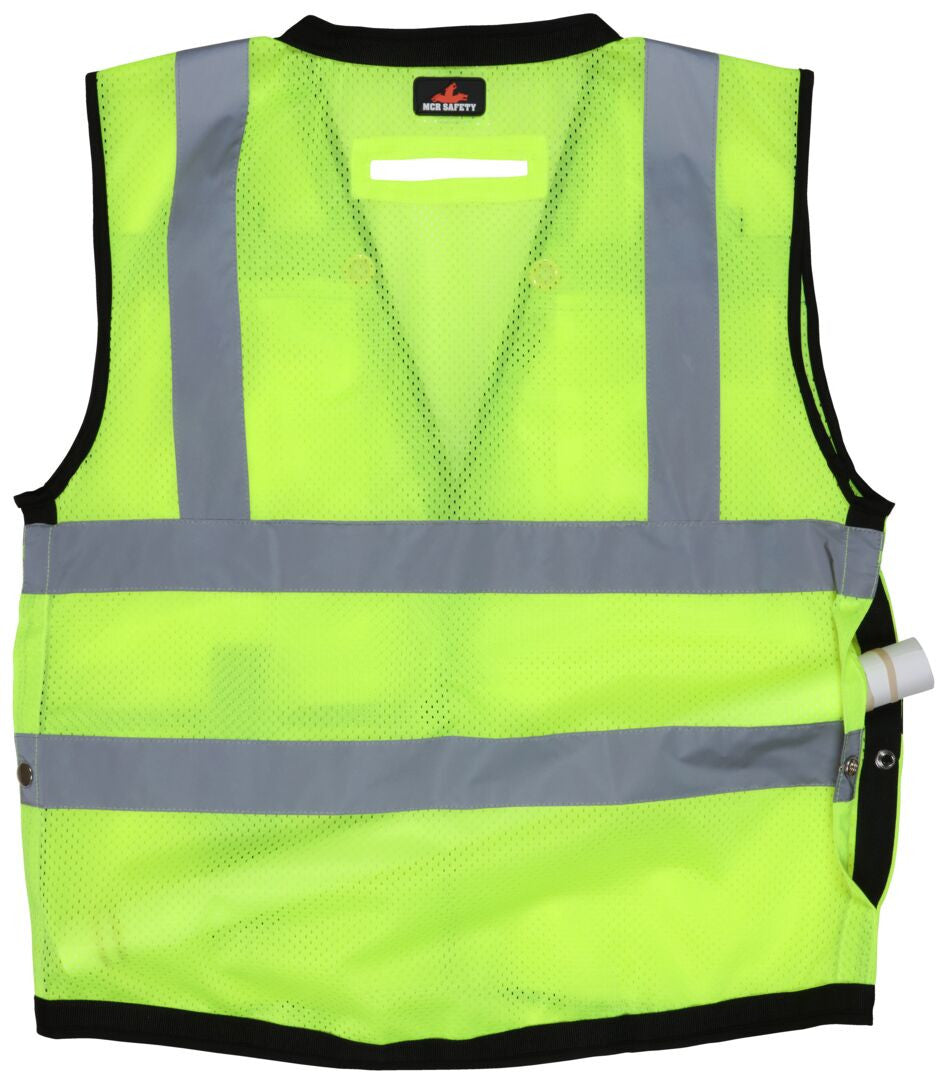MCR Safety VSURVMLB - Hi-Vis Reflective Lime Safety Vest - Surveyor Vest with 9 Pockets - Sturdy Metal Snap Front Closure - Meets ANSI/ISEA 107 2020 Standard - Type R Class 2 Compliant - Premium Surveyor Vest with Extra-Large Plan Pocket on the Back — manufacturer image 6