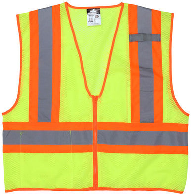 MCR Safety WCCL2L - Hi-Vis Reflective Lime Safety Vest - 4.5 Inch Orange Silver Stripes - Zipper Front Closure - Meets ANSI/ISEA 107 2020 Standard - Type R Class 2 Compliant - Wide Orange Stripes Create Maximum Contrast