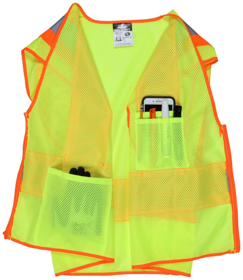 MCR Safety WCCL2L - Hi-Vis Reflective Lime Safety Vest - 4.5 Inch Orange Silver Stripes - Zipper Front Closure - Meets ANSI/ISEA 107 2020 Standard - Type R Class 2 Compliant - Wide Orange Stripes Create Maximum Contrast — manufacturer image 5