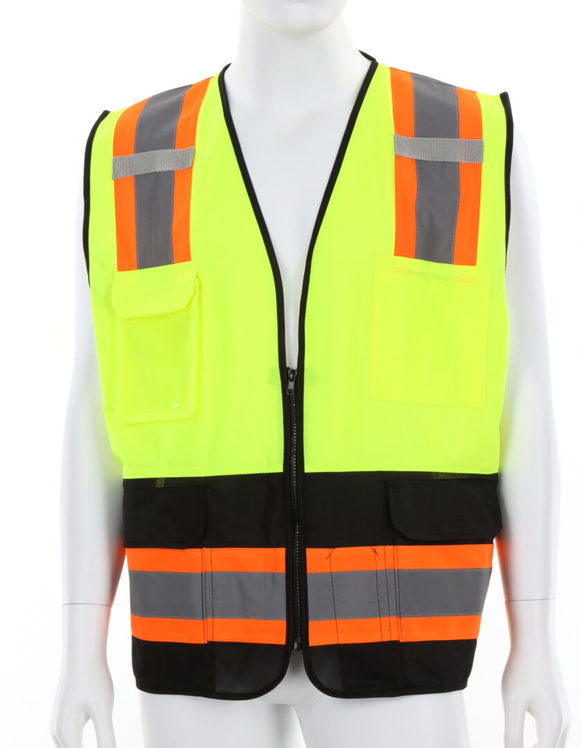 Luminator® Series Hi-Vis Lime Black Reflective Safety Vest 4-Inch Orange Silver Stripes