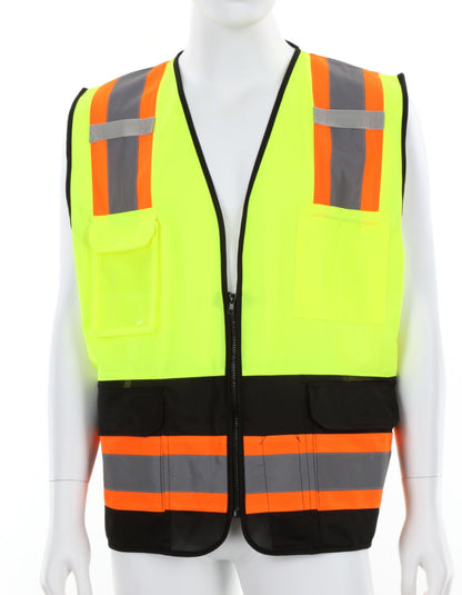Luminator® Series Hi-Vis Lime Black Reflective Safety Vest 4-Inch Orange Silver Stripes