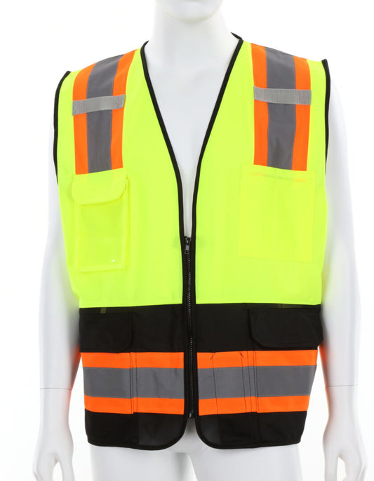 Luminator® Series Hi-Vis Lime Black Reflective Safety Vest 4-Inch Orange Silver Stripes