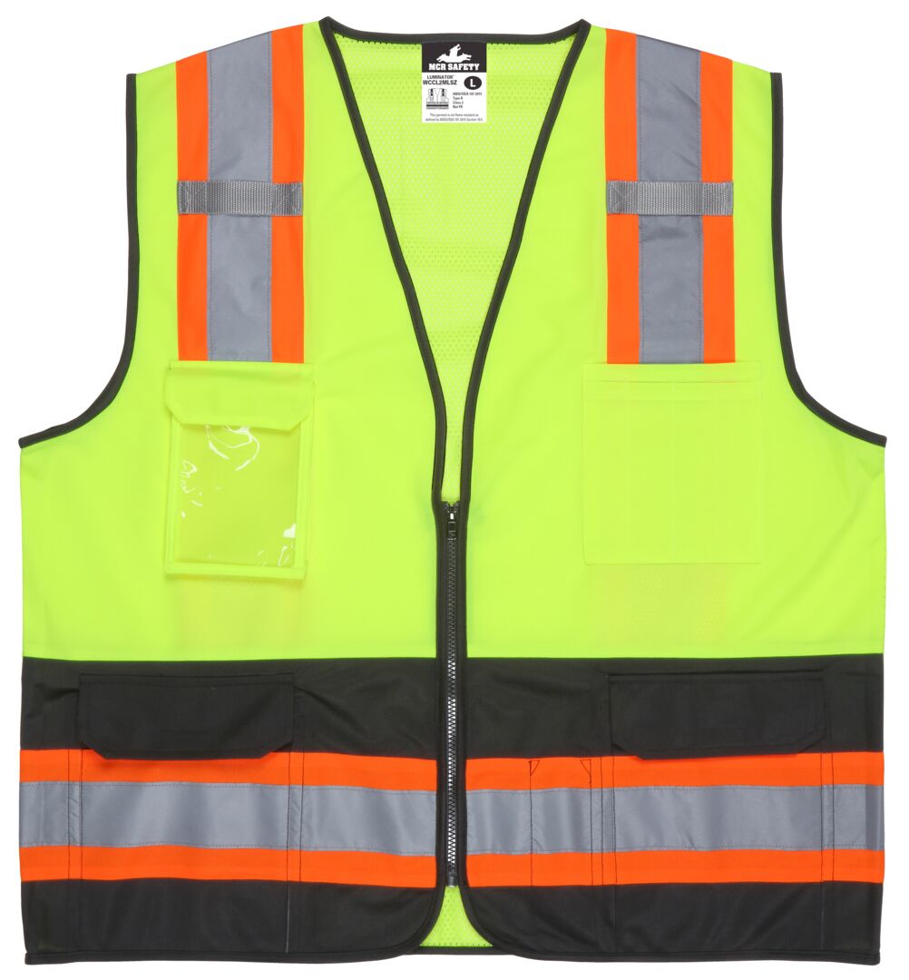 Luminator® Series Hi-Vis Lime Black Reflective Safety Vest 4-Inch Orange Silver Stripes