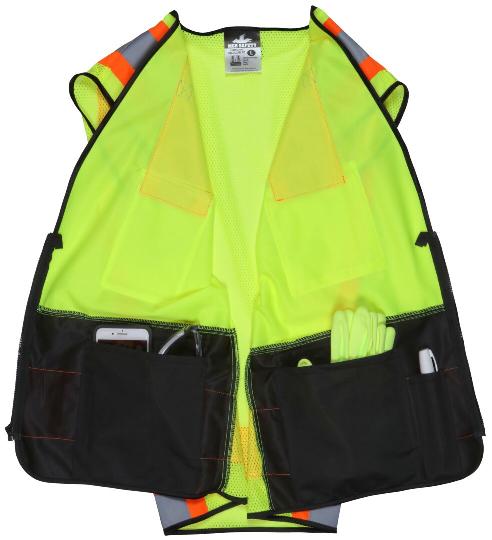 Luminator® Series Hi-Vis Lime Black Reflective Safety Vest 4-Inch Orange Silver Stripes