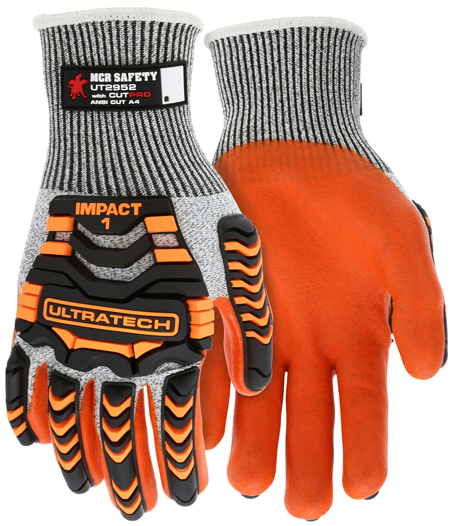 UT2952 - MCR Safety UltraTech® Mechanics Gloves - HyperMax® HPPE Shell - Cut and Abrasion-Resistant Gloves - Orange Nitrile Foam Palm and Fingertips - TPR Back-of-Hand Protection Provides Excellent Impact Protection