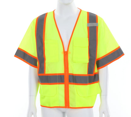 MCR Safety V3210 - Hi-Vis Reflective Lime Safety Vest - ANSI/ISEA 107 2020 Type R Class 3 - 2 Inch Silver Stripes Trimmed in Orange - Cool Breathable Mesh Fabric - Zippered Front Closure — manufacturer image 2