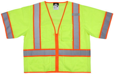 MCR Safety V3210 - Hi-Vis Reflective Lime Safety Vest - ANSI/ISEA 107 2020 Type R Class 3 - 2 Inch Silver Stripes Trimmed in Orange - Cool Breathable Mesh Fabric - Zippered Front Closure