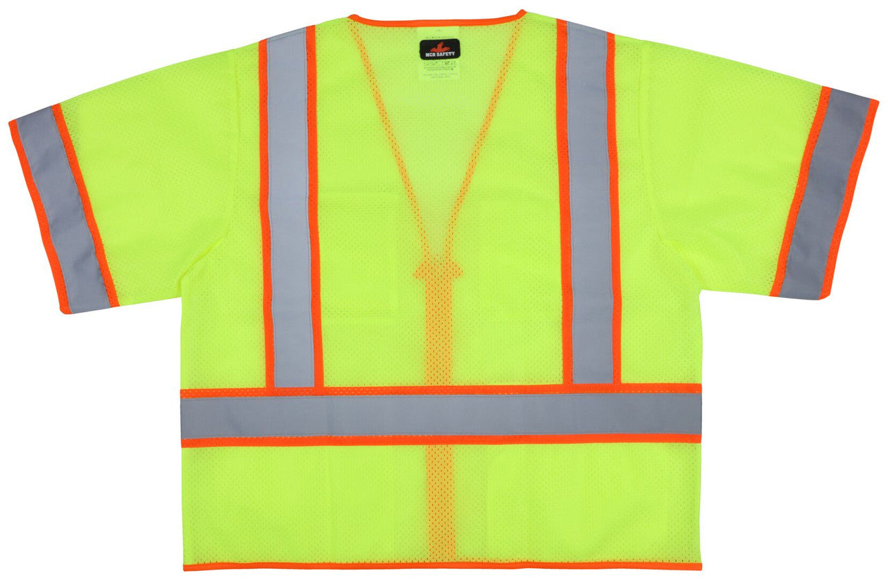 MCR Safety V3210 - Hi-Vis Reflective Lime Safety Vest - ANSI/ISEA 107 2020 Type R Class 3 - 2 Inch Silver Stripes Trimmed in Orange - Cool Breathable Mesh Fabric - Zippered Front Closure — manufacturer image 3