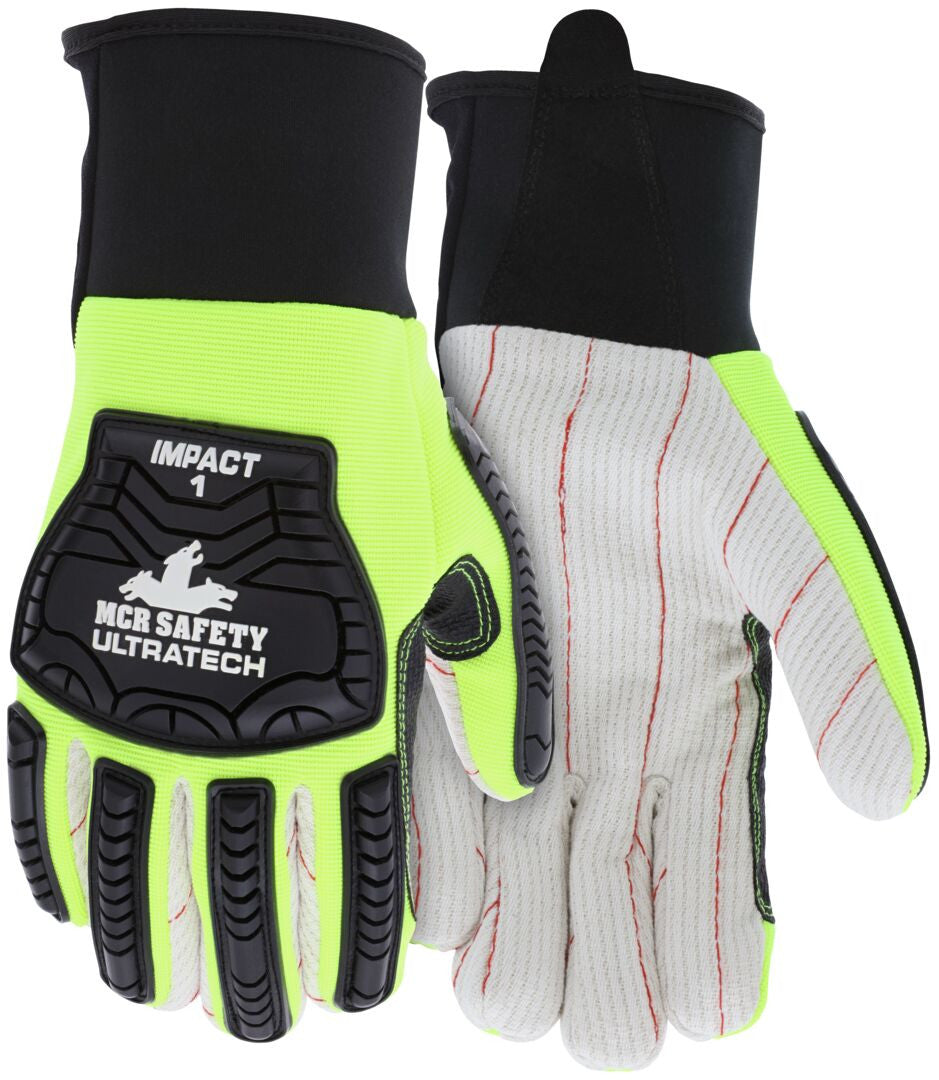 UT1901 - MCR Safety UltraTech® Mechanics Gloves - Hi-Visibility, Heat and Abrasion Resistant Gloves - Corded Cotton Double Palm - TPR Back-of-Hand Protection - Provides Excellent Impact Protection