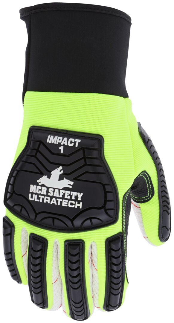 UT1901 - MCR Safety UltraTech® Mechanics Gloves - Hi-Visibility, Heat and Abrasion Resistant Gloves - Corded Cotton Double Palm - TPR Back-of-Hand Protection - Provides Excellent Impact Protection