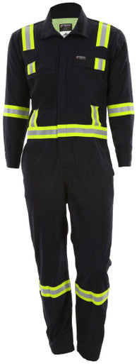 MCR Safety SBC1032 - Summit Breeze® Flame Resistant (FR) Coverall - Navy Blue 5.5-ounce Inherent Blend Material - Long Sleeve with Vented Underarms and Back - 3 Inch Triple Trim FR Reflective Stripes - CAT2 - ASTM F1930 Tested - Less Than 8% Body Burn