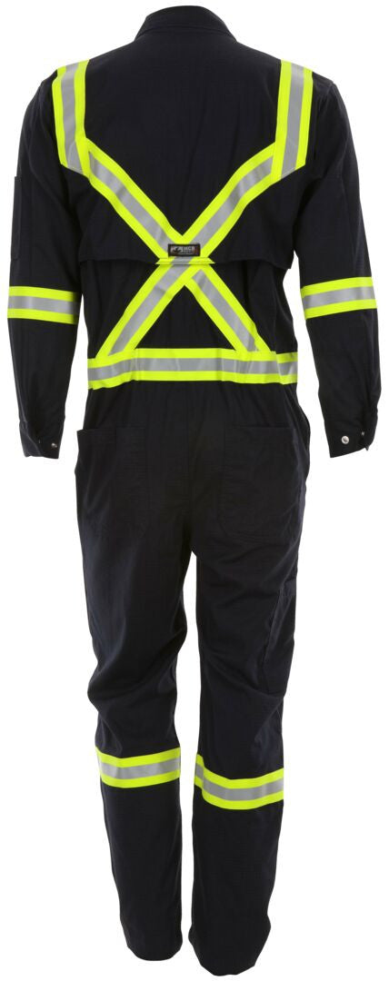 MCR Safety SBC1032 - Summit Breeze® Flame Resistant (FR) Coverall - Navy Blue 5.5-ounce Inherent Blend Material - Long Sleeve with Vented Underarms and Back - 3 Inch Triple Trim FR Reflective Stripes - CAT2 - ASTM F1930 Tested - Less Than 8% Body Burn — manufacturer image 4