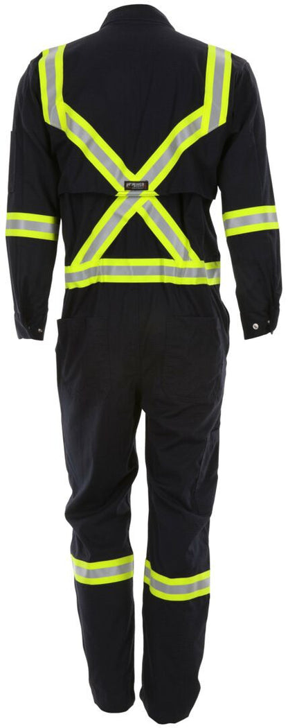 MCR Safety SBC1032 - Summit Breeze® Flame Resistant (FR) Coverall - Navy Blue 5.5-ounce Inherent Blend Material - Long Sleeve with Vented Underarms and Back - 3 Inch Triple Trim FR Reflective Stripes - CAT2 - ASTM F1930 Tested - Less Than 8% Body Burn — manufacturer image 4