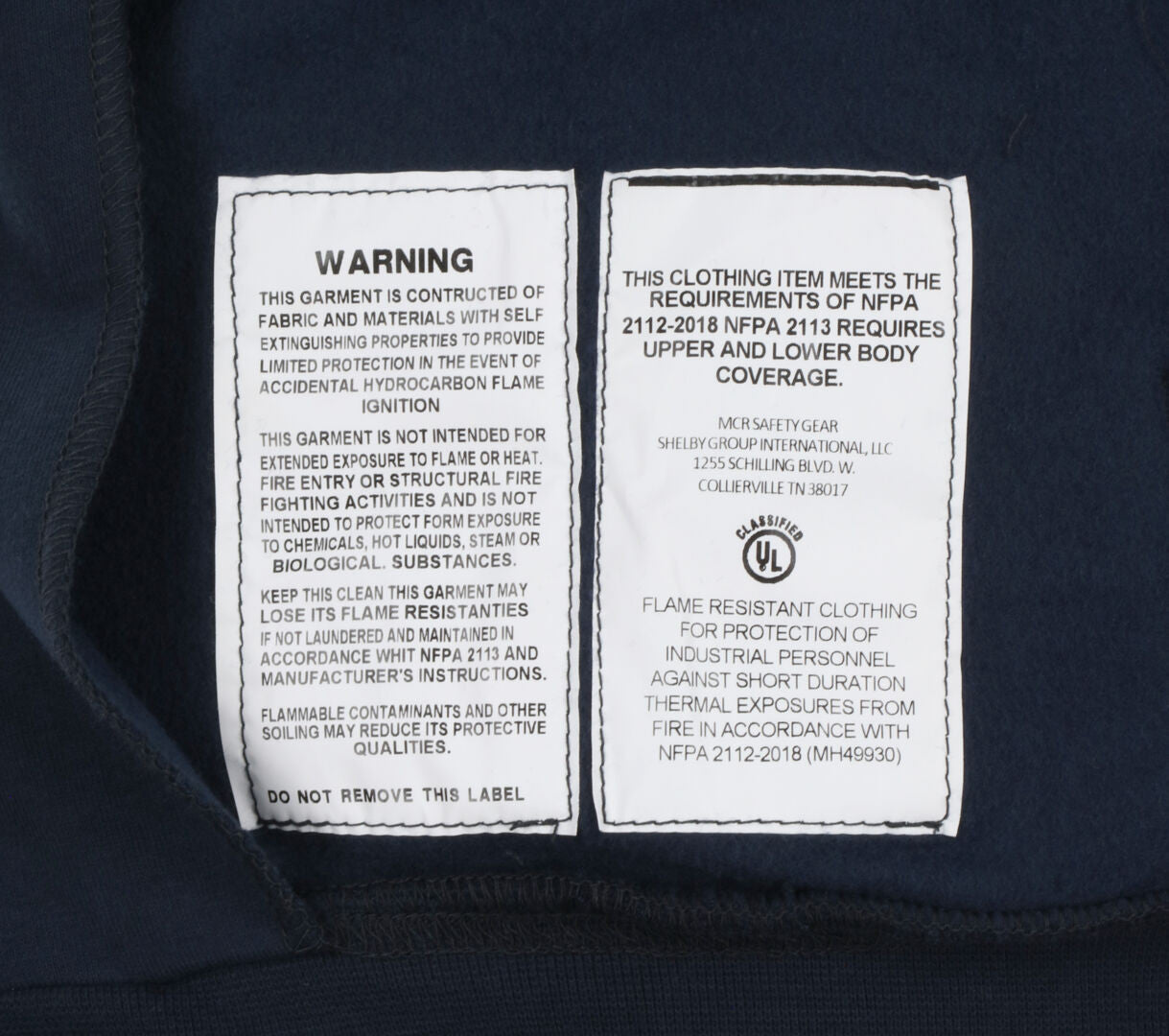 MCR Safety SS1N - MCR Safety FR Gear - Navy Blue Flame Resistant (FR) Hooded Sweatshirt - 95% Cotton 5% Spandex - Interlock Fleece Shell - 11.5 oz/yd² - Fabric Meets NFPA 70E and NFPA 2112 Requirements — manufacturer image 4