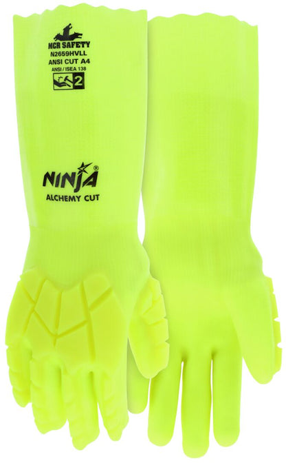 N2659HVL - Ninja® Alchemy - Cut-Resistant and Chemical-Resistant Work Gloves - TPR Back of Hand Provides Impact Resistance - 14-Inch Overall Length - Hand Double Dipped in PVC - 15-Gauge Cut Resistant HyperMax® HPPE Liner