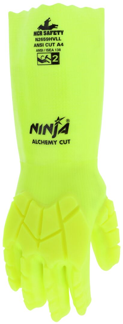N2659HVL - Ninja® Alchemy - Cut-Resistant and Chemical-Resistant Work Gloves - TPR Back of Hand Provides Impact Resistance - 14-Inch Overall Length - Hand Double Dipped in PVC - 15-Gauge Cut Resistant HyperMax® HPPE Liner
