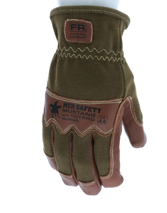 MU3624FR - Mustang Utility Drivers Work Gloves - Premium A Grade Grain Goatskin - Double Palm - DuPont™ Kevlar® Aramid Lined Palm - Nomex® Back - Wing Thumb - Sewn with DuPont™ Kevlar® - This FR Glove has an Arc Rating of 24.7 cal/cm²