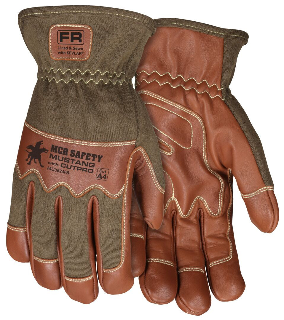 MU3624FR - Mustang Utility Drivers Work Gloves - Premium A Grade Grain Goatskin - Double Palm - DuPont™ Kevlar® Aramid Lined Palm - Nomex® Back - Wing Thumb - Sewn with DuPont™ Kevlar® - This FR Glove has an Arc Rating of 24.7 cal/cm²