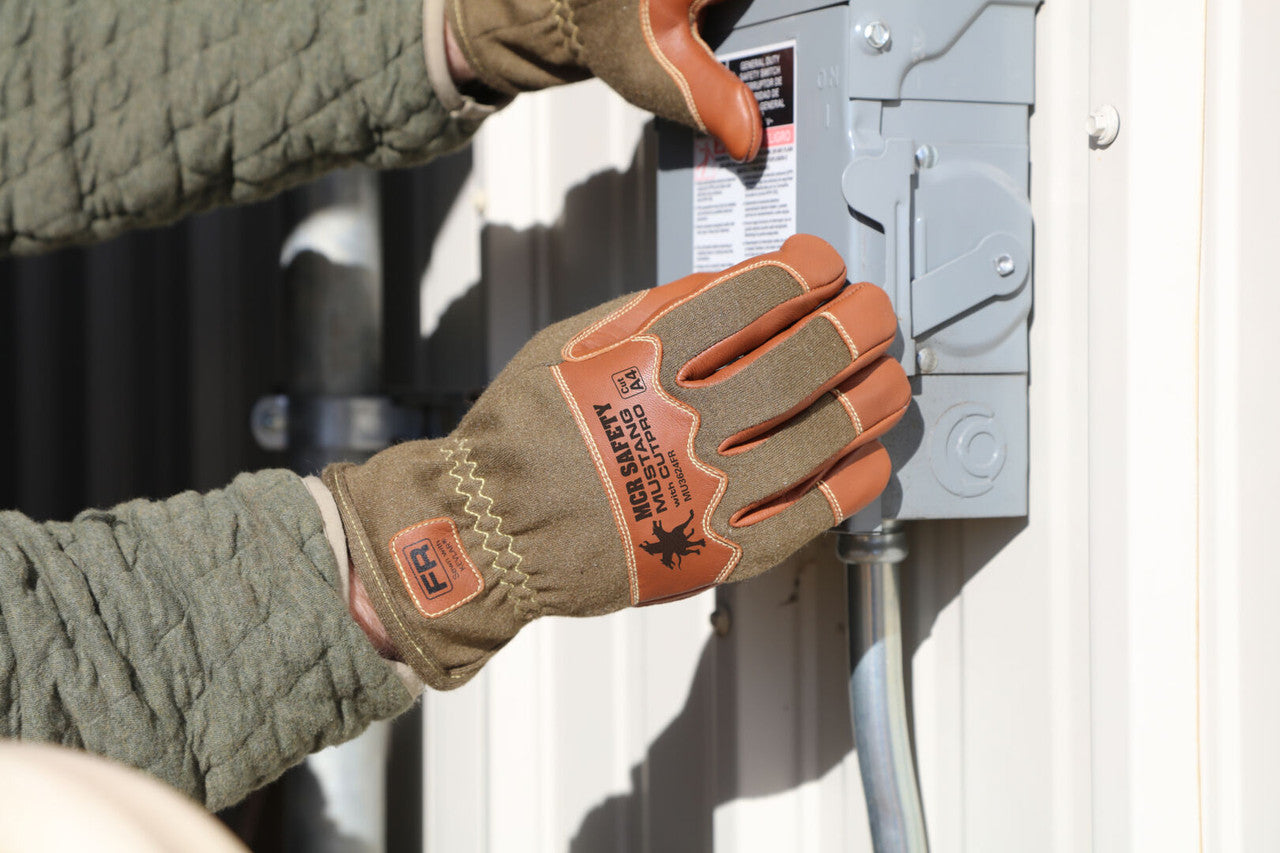 MU3624FR - Mustang Utility Drivers Work Gloves - Premium A Grade Grain Goatskin - Double Palm - DuPont™ Kevlar® Aramid Lined Palm - Nomex® Back - Wing Thumb - Sewn with DuPont™ Kevlar® - This FR Glove has an Arc Rating of 24.7 cal/cm²