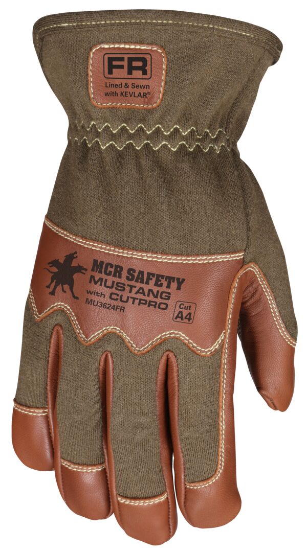 MU3624FR - Mustang Utility Drivers Work Gloves - Premium A Grade Grain Goatskin - Double Palm - DuPont™ Kevlar® Aramid Lined Palm - Nomex® Back - Wing Thumb - Sewn with DuPont™ Kevlar® - This FR Glove has an Arc Rating of 24.7 cal/cm²