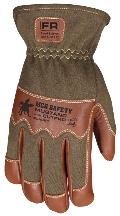 MU3624FR - Mustang Utility Drivers Work Gloves - Premium A Grade Grain Goatskin - Double Palm - DuPont™ Kevlar® Aramid Lined Palm - Nomex® Back - Wing Thumb - Sewn with DuPont™ Kevlar® - This FR Glove has an Arc Rating of 24.7 cal/cm²