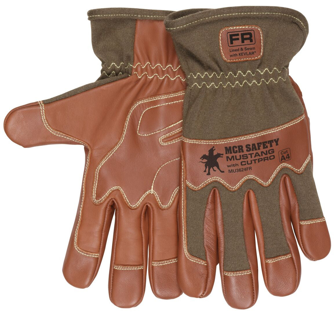 MU3624FR - Mustang Utility Drivers Work Gloves - Premium A Grade Grain Goatskin - Double Palm - DuPont™ Kevlar® Aramid Lined Palm - Nomex® Back - Wing Thumb - Sewn with DuPont™ Kevlar® - This FR Glove has an Arc Rating of 24.7 cal/cm²
