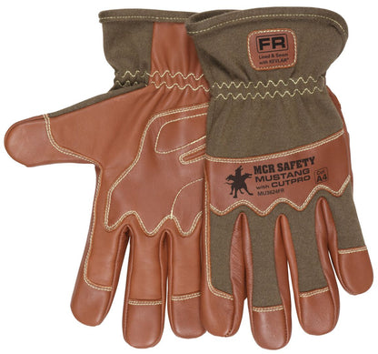 MU3624FR - Mustang Utility Drivers Work Gloves - Premium A Grade Grain Goatskin - Double Palm - DuPont™ Kevlar® Aramid Lined Palm - Nomex® Back - Wing Thumb - Sewn with DuPont™ Kevlar® - This FR Glove has an Arc Rating of 24.7 cal/cm²