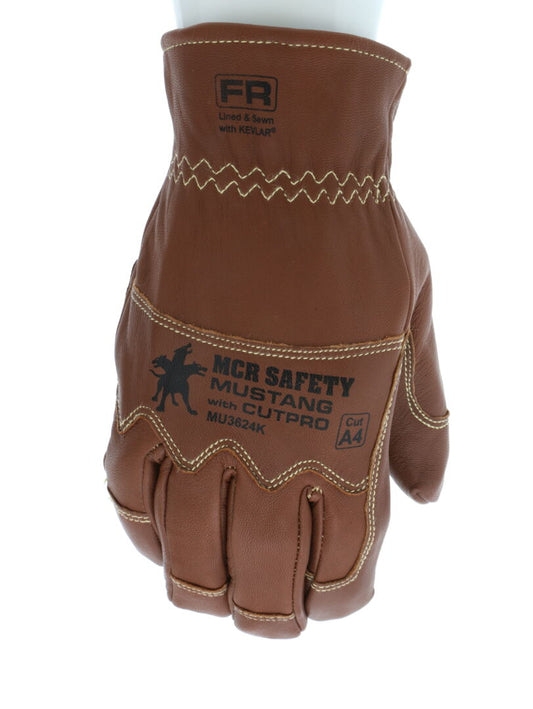 MU3624K - Mustang Utility Leather Drivers Work Gloves - Premium A Grade Grain Goatskin - Double Palm - Lined and Sewn with DuPont™ Kevlar® - Wing Thumb - This FR Glove has an Arc Rating of 61.4 cal/cm²