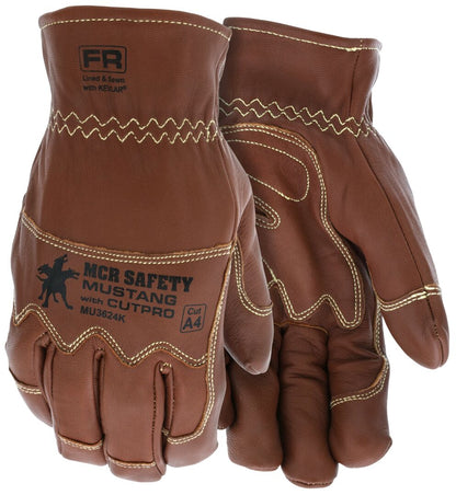 MU3624K - Mustang Utility Leather Drivers Work Gloves - Premium A Grade Grain Goatskin - Double Palm - Lined and Sewn with DuPont™ Kevlar® - Wing Thumb - This FR Glove has an Arc Rating of 61.4 cal/cm²