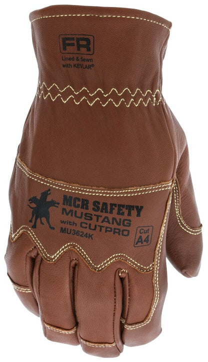 MU3624K - Mustang Utility Leather Drivers Work Gloves - Premium A Grade Grain Goatskin - Double Palm - Lined and Sewn with DuPont™ Kevlar® - Wing Thumb - This FR Glove has an Arc Rating of 61.4 cal/cm²