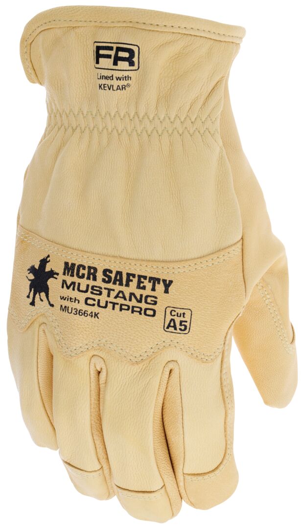MU3664K - Mustang® HiDex - Leather Drivers Utility Work Gloves - Kevlar® Aramid Lined and Sewn - Premium Honey Gold Grain Goatskin - Reinforced Thumb and Index Finger - Wing Thumb and Double Palm Pattern - CAT4 FR Glove - Arc Rating of 50 cal/cm²
