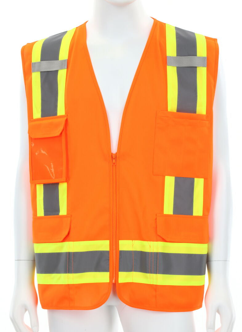 MCR Safety V2100 - Hi-Vis Orange Reflective Safety Vest - Meets ANSI/ISEA 107 2020 Standard - Type R Class 2 Compliant - 4 Inch Lime Silver Stripes - Zipper Front Closure - Cool Mesh Back with Solid Front — manufacturer image 2