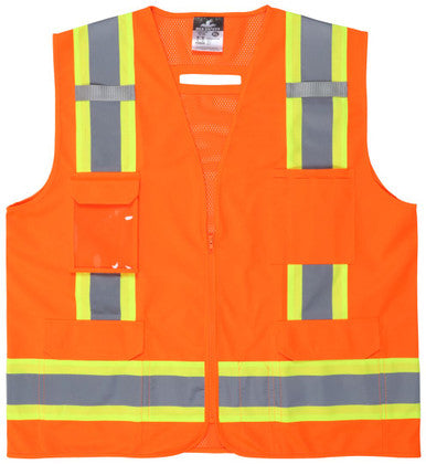 MCR Safety V2100 - Hi-Vis Orange Reflective Safety Vest - Meets ANSI/ISEA 107 2020 Standard - Type R Class 2 Compliant - 4 Inch Lime Silver Stripes - Zipper Front Closure - Cool Mesh Back with Solid Front