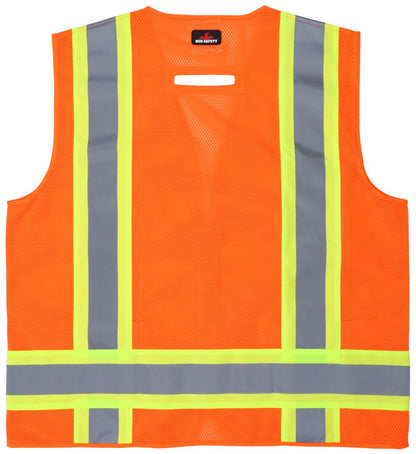 MCR Safety V2100 - Hi-Vis Orange Reflective Safety Vest - Meets ANSI/ISEA 107 2020 Standard - Type R Class 2 Compliant - 4 Inch Lime Silver Stripes - Zipper Front Closure - Cool Mesh Back with Solid Front — manufacturer image 3