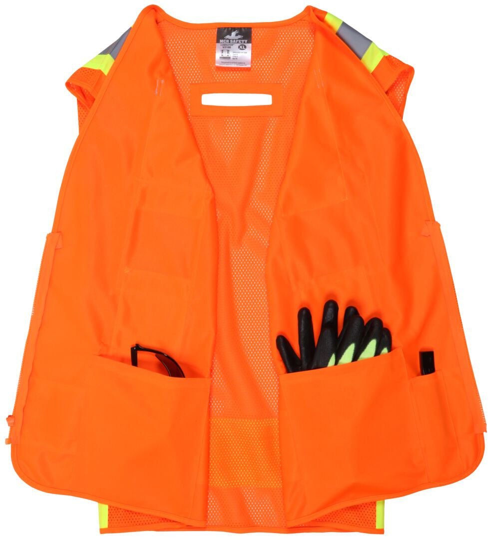 MCR Safety V2100 - Hi-Vis Orange Reflective Safety Vest - Meets ANSI/ISEA 107 2020 Standard - Type R Class 2 Compliant - 4 Inch Lime Silver Stripes - Zipper Front Closure - Cool Mesh Back with Solid Front — manufacturer image 4