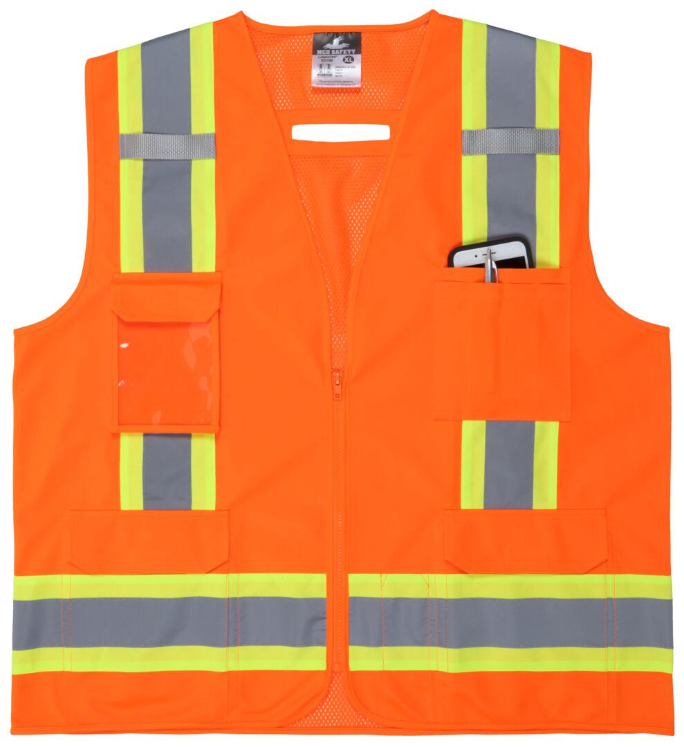 MCR Safety V2100 - Hi-Vis Orange Reflective Safety Vest - Meets ANSI/ISEA 107 2020 Standard - Type R Class 2 Compliant - 4 Inch Lime Silver Stripes - Zipper Front Closure - Cool Mesh Back with Solid Front — manufacturer image 5