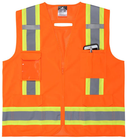 MCR Safety V2100 - Hi-Vis Orange Reflective Safety Vest - Meets ANSI/ISEA 107 2020 Standard - Type R Class 2 Compliant - 4 Inch Lime Silver Stripes - Zipper Front Closure - Cool Mesh Back with Solid Front — manufacturer image 5