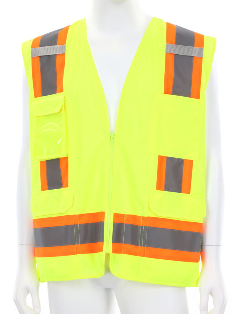 MCR Safety V2200 - Hi-Vis Lime Reflective Safety Vest - Meets ANSI/ISEA 107 2020 Standard - Type R Class 2 Compliant - 4 Inch Orange Silver Stripes - Zipper Front Closure - Cool Mesh Back with Solid Front — manufacturer image 2